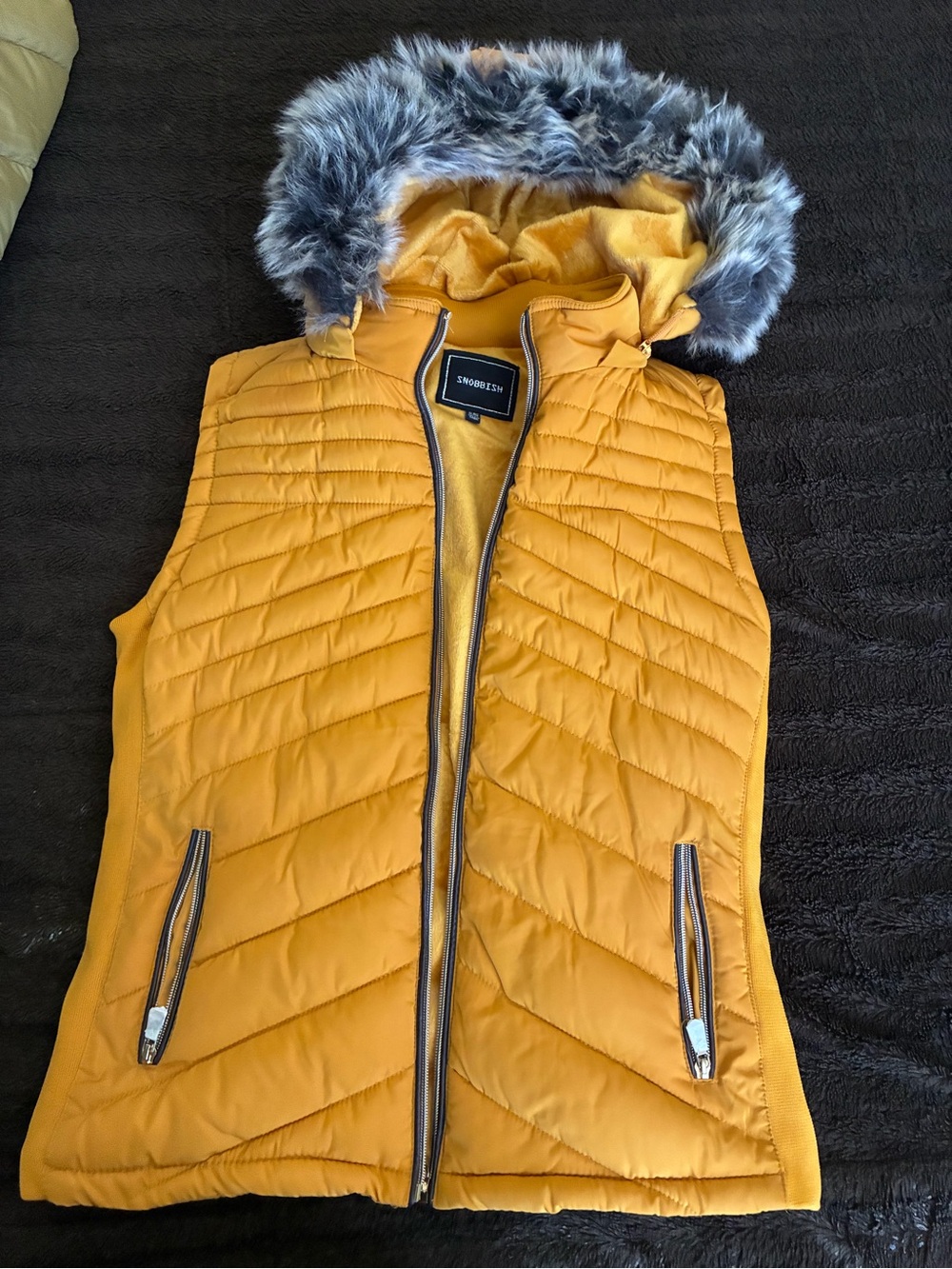 Yellow Hooded Quilted Vest with Faux-Fur Trim